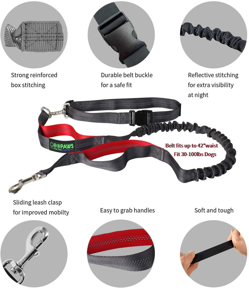 [Australia] - JESPET Hands Free Dog Leash for Hiking, Running and Walking, Dual-Handle Bungee Leash with Adjustable Waist Belt for Medium & Large Dogs Gray & Red 