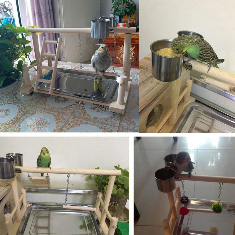 DaysAgo Parrot Playstands with Cup Toys Tray Bird Swing Climbing Hanging Ladder Bridge Wood Cockatiel Playground Bird Perches 40x23x36Cm - PawsPlanet Australia