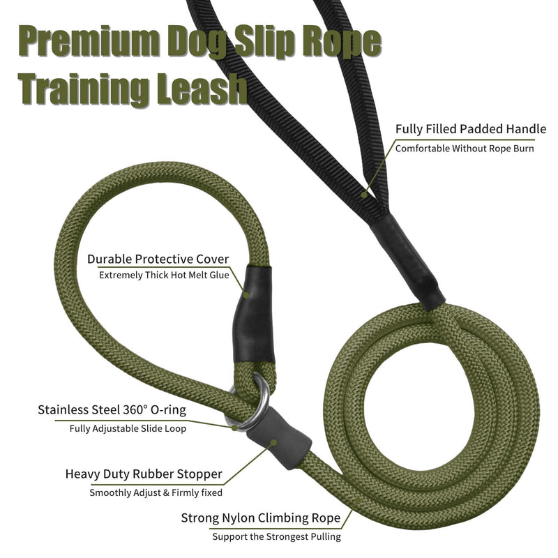Strong Slip Rope Dog Training Leash (4ft) - Heavy Duty Durable Braided Nylon Lead with Rubber Stopper & Padded Handle - No Pull Walking Climbing for Medium Large Dogs Army Green 1/2" x 4ft - PawsPlanet Australia