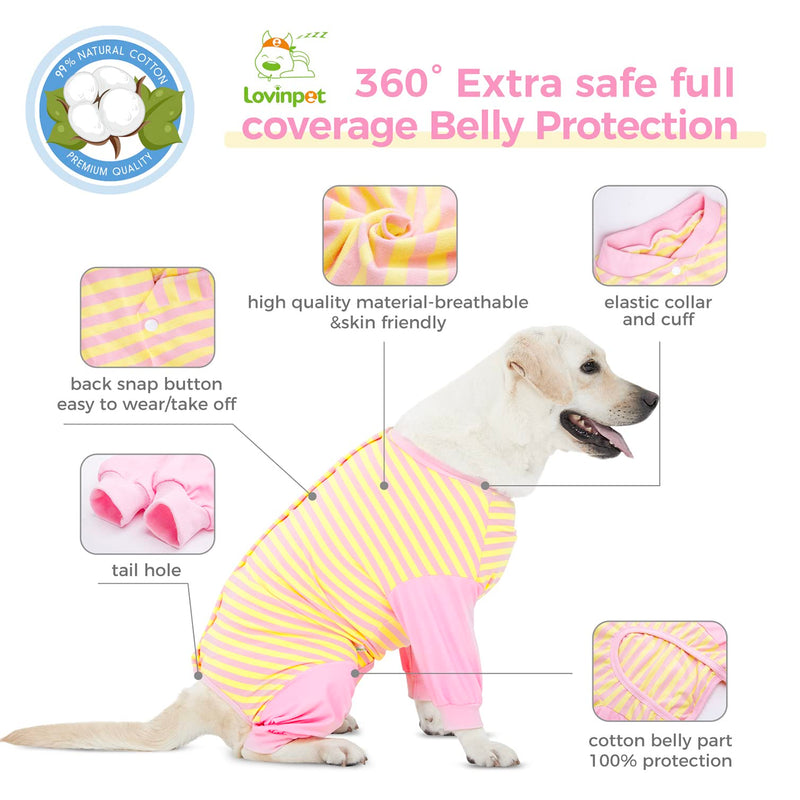 LovinPet Recovery Snugly Suit - Full Coverage Dog's Bodysuit Wound Protective Surgical Recovery Shirt for Abdominal Wounds After Surgery Anti-Licking Dog Onesies Cut-Out Design of Abdomen,Buttons,L Large Pink collar/Yellow - PawsPlanet Australia