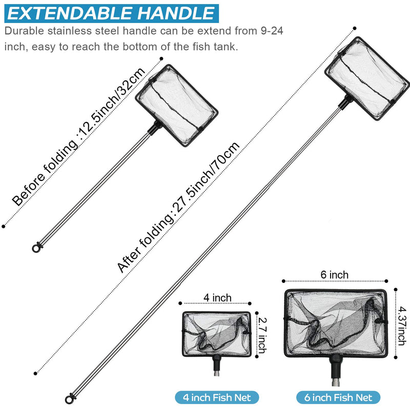 [Australia] - Mesh Fish Tank Net Aquarium Fish Net 4 Inch and 6 Inch Stainless Steel Fish Net with Extendable 12.5-27.5 Inch Long Handle Fish Catch Nets Fish Tank Aquarium Accessories 