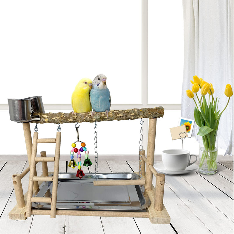 kathson Parrots Playground Bird Perch Wood Playstand Stand with Ladder Swing Feeder Cups Chew Toy for Parakeet Conure Cockatiel Budgie Lovebird Finch Small Birds prickly ash wood - PawsPlanet Australia