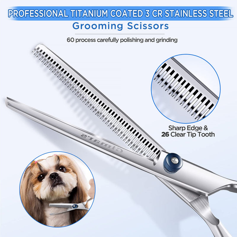 Gimars 5 in 1 Professional 4CR Stainless Steel Safety Round Tip Dog Grooming Scissors Kit, Heavy Duty Titanium Coated Straight & Thinning & Curved Shears & Comb Set for Dog & Cat Grooming - PawsPlanet Australia