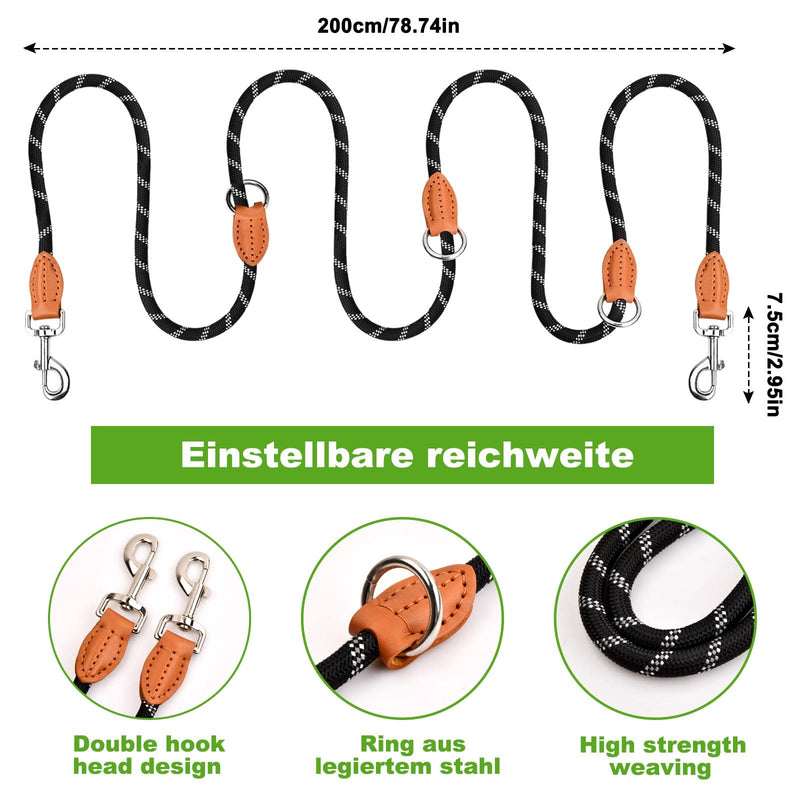 Dog Lead 2M Adjustable Nylon Braided Dog Lead with Carabiner, Multifunctional Training Lead Bite-Resistant, Double Lead for Small/Medium/Large Dogs (Black) - PawsPlanet Australia