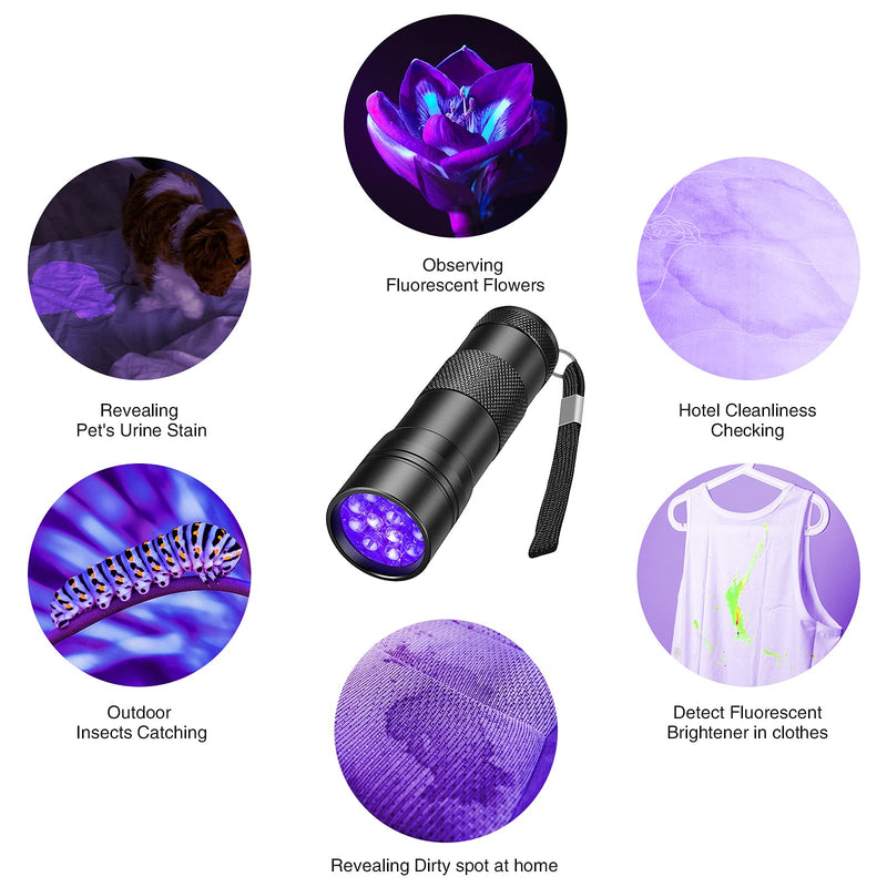 2 Pack UV Flashlight, COSOOS 12 LED Handheld Blacklight Flashlight 395nm Mini Light Torch Detector for Dog Pet Urine Stains, Bed Bugs and Scorpions. (Batteries not Included) - PawsPlanet Australia