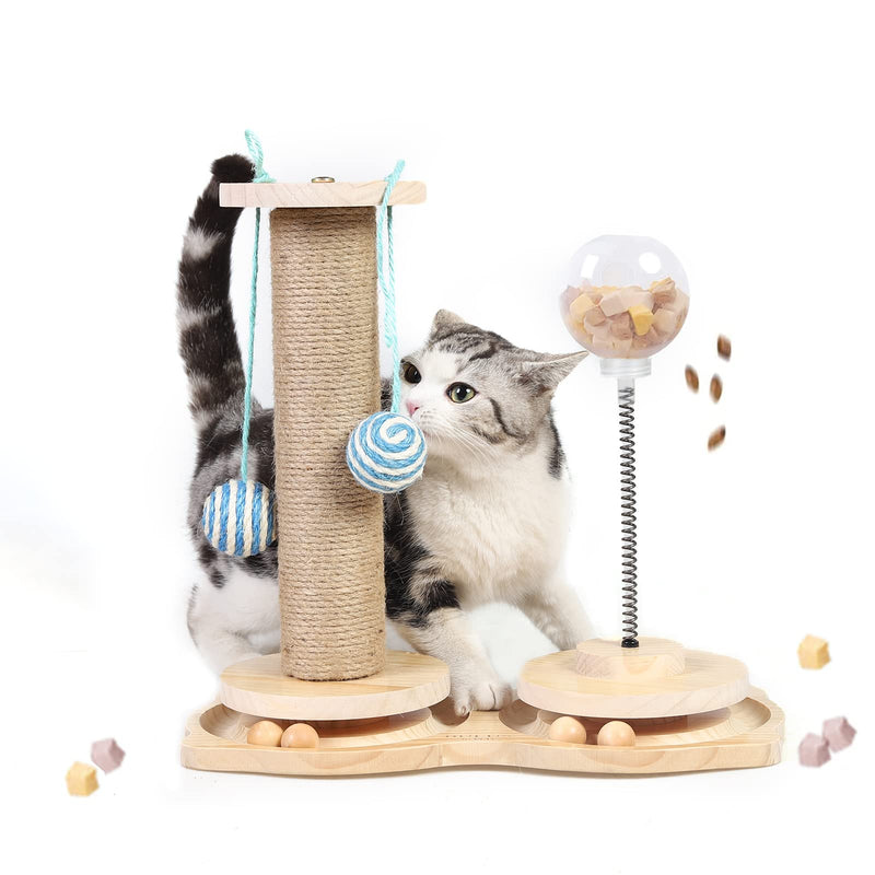 Marchul Interactive Wooden Cat Toy, 4 in 1 Cat Toy with Hanging Ball, Cat Sisal Rope Scratching Post, Cat Intelligence Toy with Rotating Ball - PawsPlanet Australia