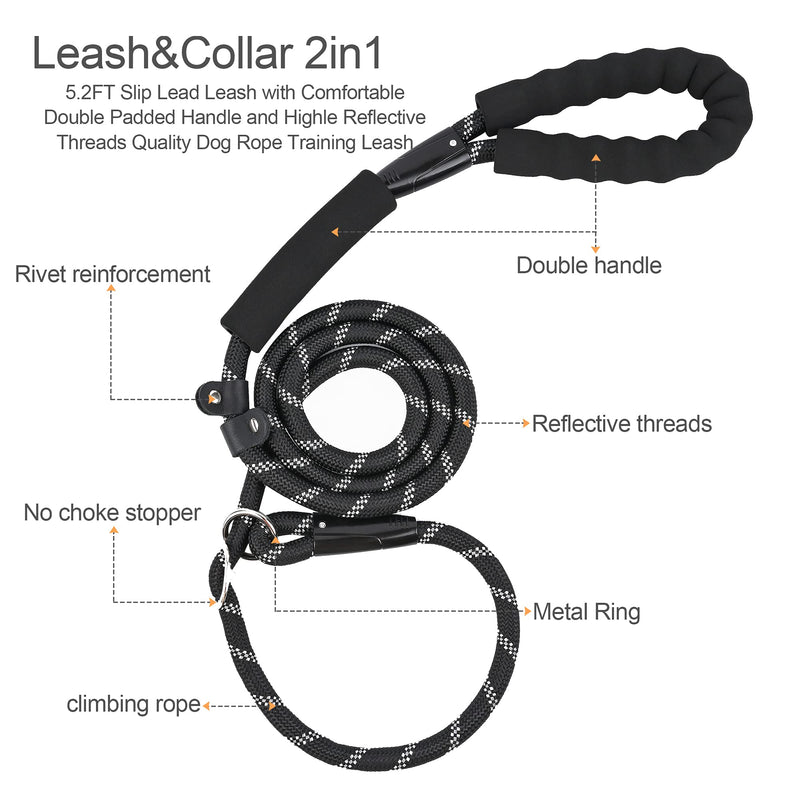 YELON Dog Leash,Slip Lead Dog Leash,Padded Double Handle Dog Training Leash for Small Medium Large Dogs,Reflective Climbing Dog Slip Rope Leash 5.2FT,4 Sizes (Small-6mm(1/4")) Small-6mm(1/4") - PawsPlanet Australia