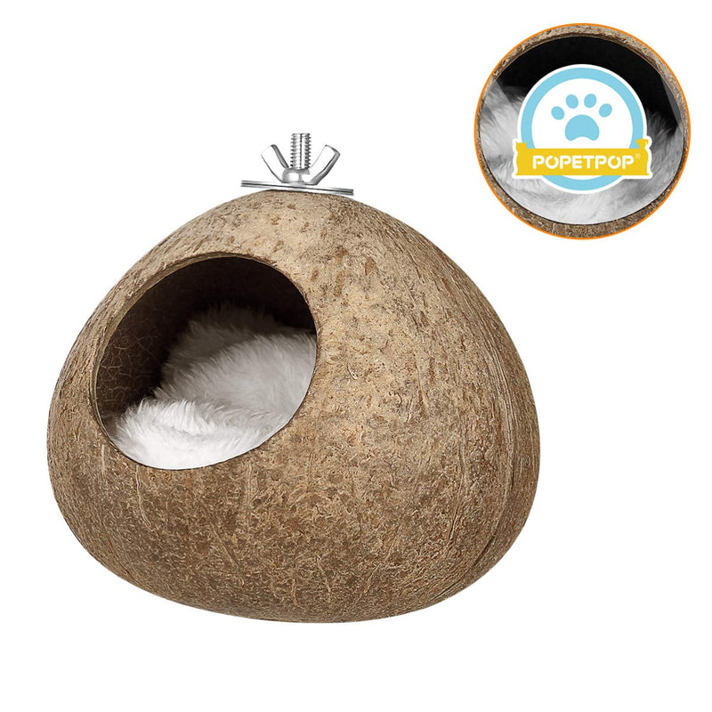 POPETPOP Natural Coconut Shell Bird House Small Animal Hideout Hut Sleeping Breeding Nest for Dwarf Hamster Parakeet Budgie Bird Cage Toy - PawsPlanet Australia