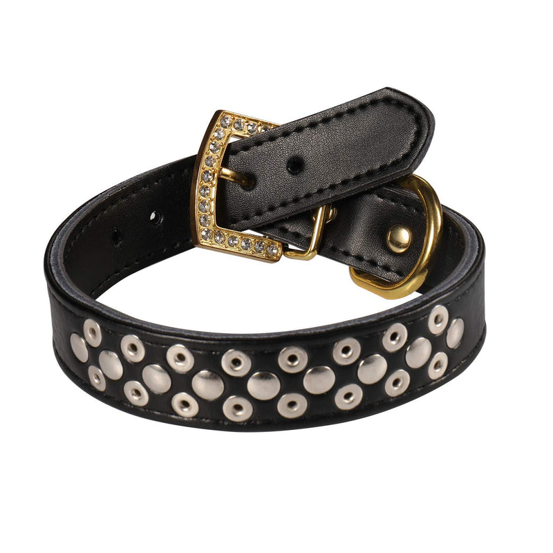 LOVPE Dog Collar,Luxury Gold Rhinestones Buckle Adjustable Personalized Golden Spikes Studded+Soft Leather Collar for Small Medium Large Dogs Breeds Pit Bull (S (Neck for 11-13 inch), Black) S (Neck for 11-13 inch) - PawsPlanet Australia