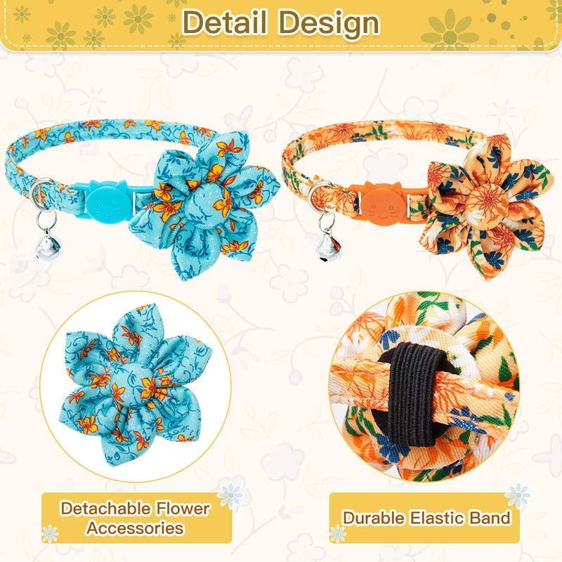 BINGPET Floral Breakaway Cat Collar with Bells, 2 Pack Adjustable Soft Pet Kitten Collars with Adorable Flower Patterns and Detachable Flower Accessories for Cats Kitties Orange - PawsPlanet Australia