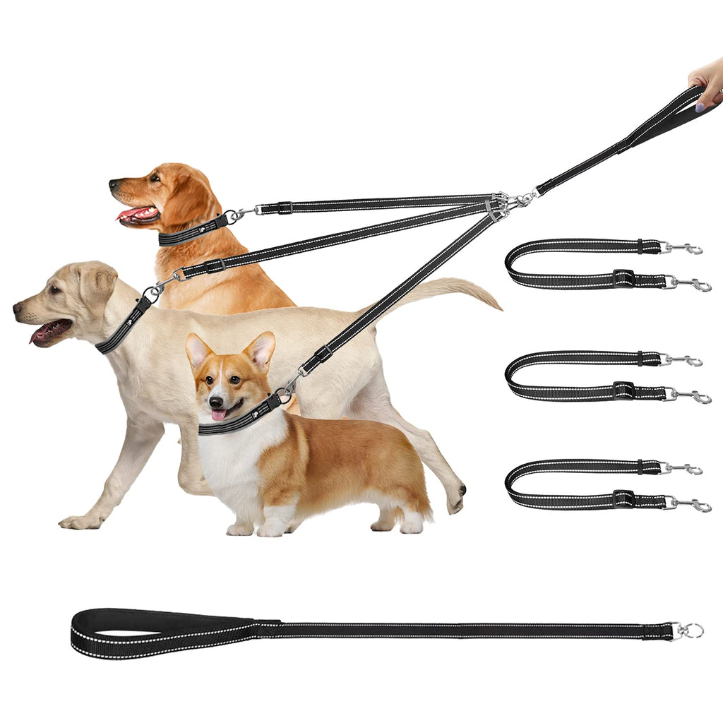 3 in 1 Dog Leashes, 3 Piece Dog Leash, 3 Way Dog Leash Splitter for Pets, Reflective, Removable, Padded, Adjustable, for 1,2 or 3 Dogs Black - PawsPlanet Australia