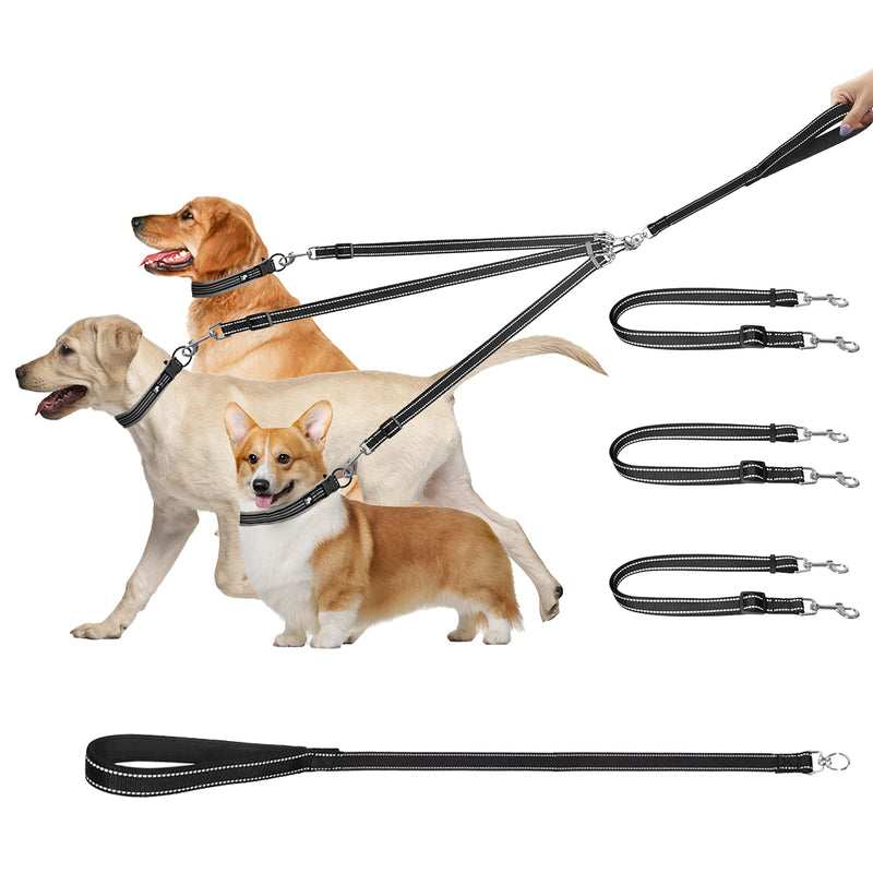 3 in 1 Dog Leashes, 3 Piece Dog Leash, 3 Way Dog Leash Splitter for Pets, Reflective, Removable, Padded, Adjustable, for 1,2 or 3 Dogs Black - PawsPlanet Australia