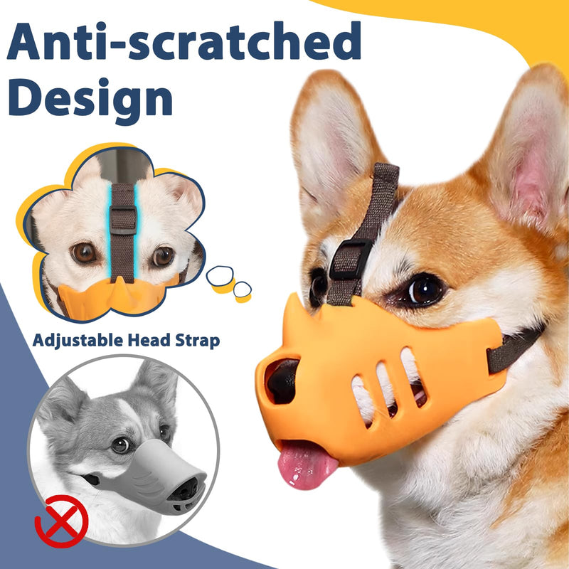 LUCKYPAW Dog Muzzle, Soft Muzzle for Small Medium Dogs Poodle Dachshund, Breathable Silicone Cage Mouth Cover to Prevent Biting and Chewing, Funny Rhino Muzzle with Adjustable Head Strap(Yellow, S) S-(Snout Cir:5.5-6.75in） Yellow - PawsPlanet Australia