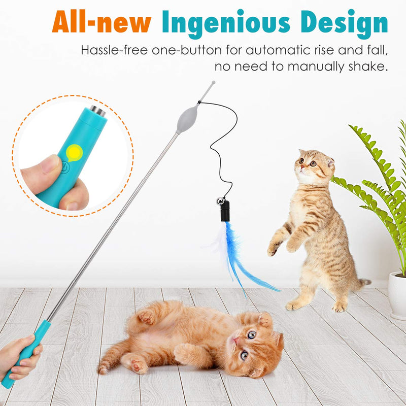 [Australia] - VavoPaw Cat Teaser Play Wand, Retractable Interactive Cat Toys Rod, One-Button for Automatic Rise & Fall, Funny Cat Kitty Kitten Play Wand Toys with 3 Different Flying Natural Feathers Bells 