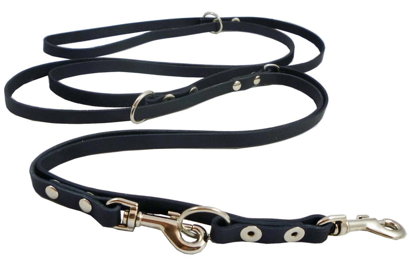 [Australia] - Black 6 Way European Multifunctional Leather Dog Leash, Adjustable Schutzhund Lead 49"-94" Long, 3/8" Wide (10 mm) for Small Dogs 