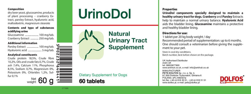 PETS Dolfos UrinoDol 60 tablets Natural Urinary Tract/Bladder Supplement for Dogs - PawsPlanet Australia