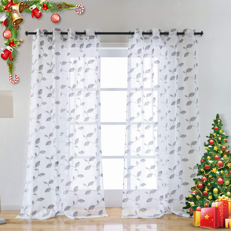 Taisier Home Sheer Curtains for Living Room Grey Leaf Embroidered Grommet Top Window Curtain Drapes Botanical Geometric Embroidery Semi-Sheer Curtains for Bedroom 2 Panels 63 inch A-grey Leaves 52×63 - PawsPlanet Australia