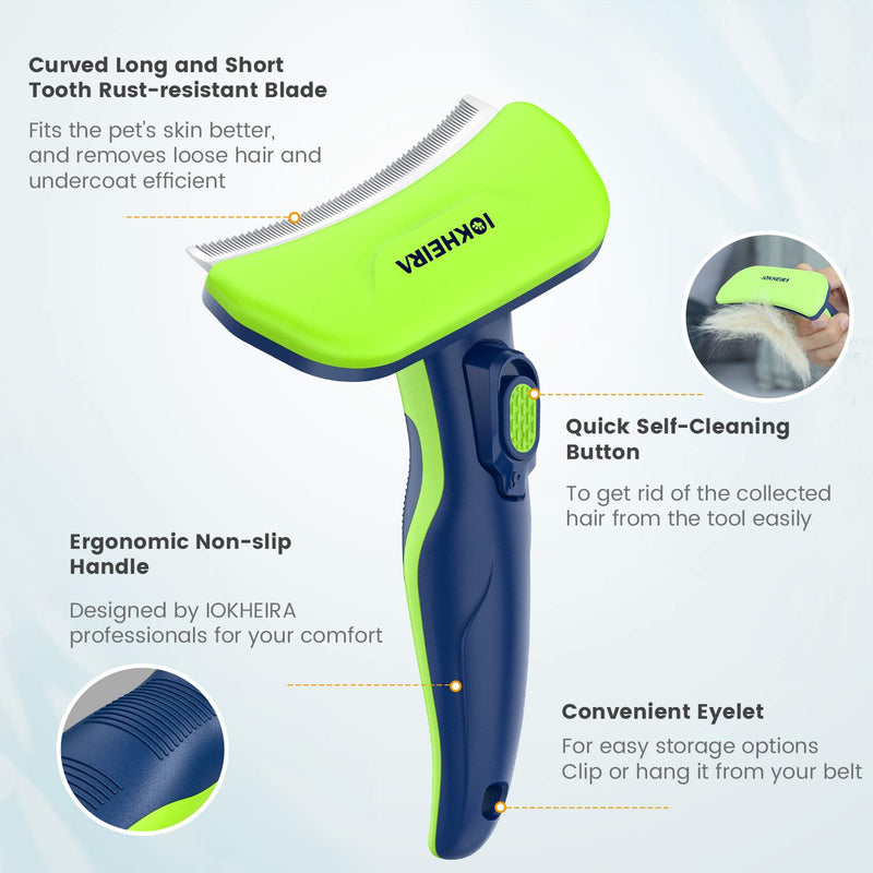 Iokheira Dog Deshedding Tool, Professional Pet Grooming Brush with Quick Release Hair off Button, Effectively Reduces Shedding by up to 95% for Short Medium and Long Pet Hair Green - PawsPlanet Australia