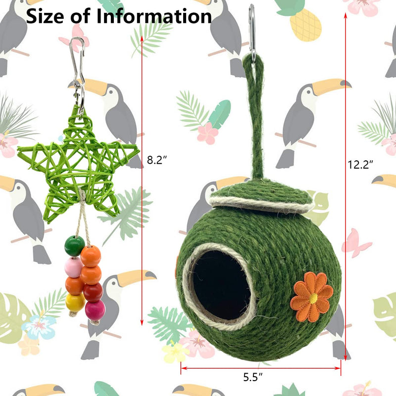 CooShou Bird Nest Coconut Woven Straw, Natural Coconut Pet Bird Cage with Green Straw Rope Woven Cover，Bird Nesting for Small Parrot, Parakeet Conures Cockatiel, Lovebird, Finches - PawsPlanet Australia