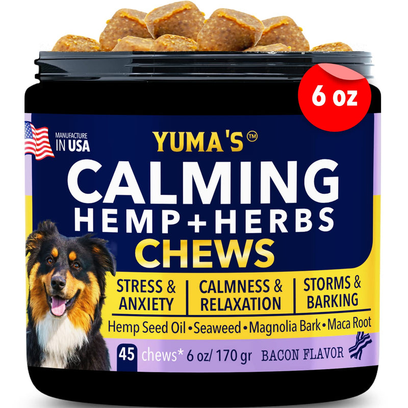 YUMA'S Calming Chews for Dogs, Anxiety Relief and Stress, Separation and Sleep Calming Aid - Hemp Seed, Melatonin, Seaweed, Chamomile, Valerian Root, Passion Flower (Bacon, 90 Count) Bacon - PawsPlanet Australia