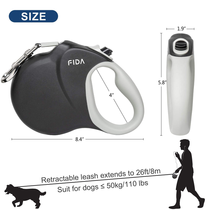 Fida Retractable Dog Leash 26ft, Heavy Duty Pet Walking Leash for Medium/Large Dogs up to 110 lbs, Tangle Free. One-Hand Brake Black - PawsPlanet Australia