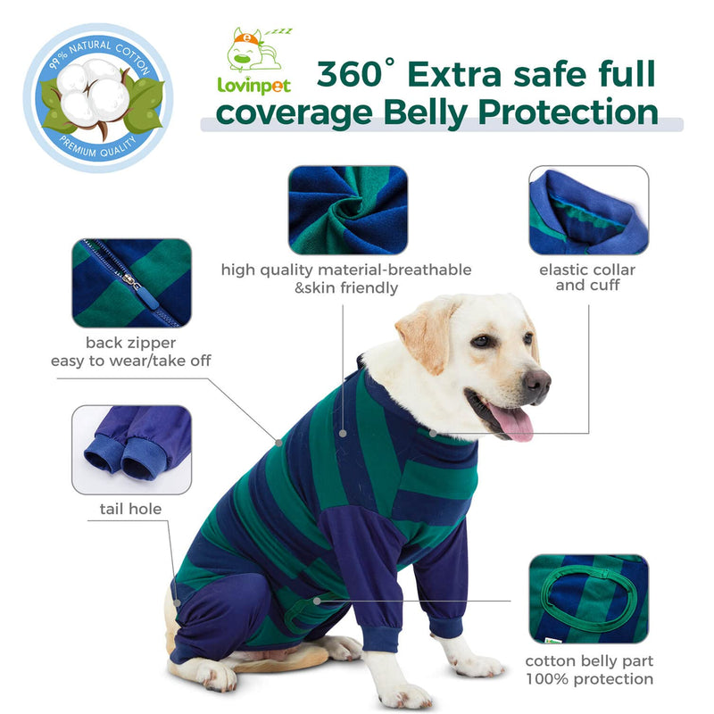 LovinPet Recovery Shirt - Cut-Out Design of Abdomen Bodysuit Onesie for Shedding Skin Disease Pet Pajamas Dog Anti Licking Snugly Suit Dog Bodysuit for Abdominal Wound After Surgery,Zip Fastener,XL XL Blue collar/Green - PawsPlanet Australia