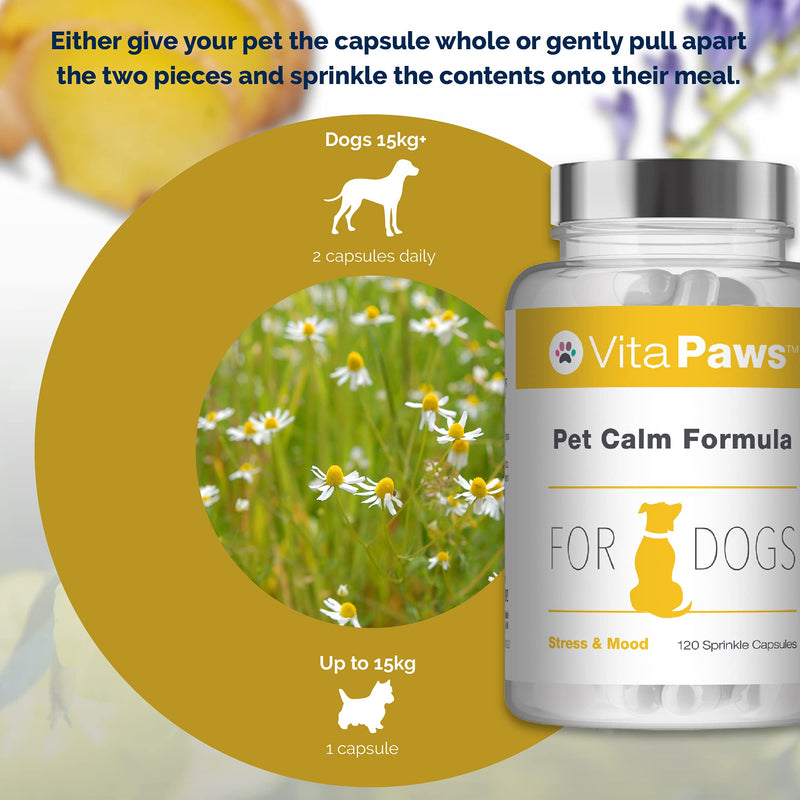 Pet Calm Formula for Dogs by VitaPaws | 120 Sprinkle Capsules | Supports Relaxation in Dogs | Manufactured in The UK. - PawsPlanet Australia