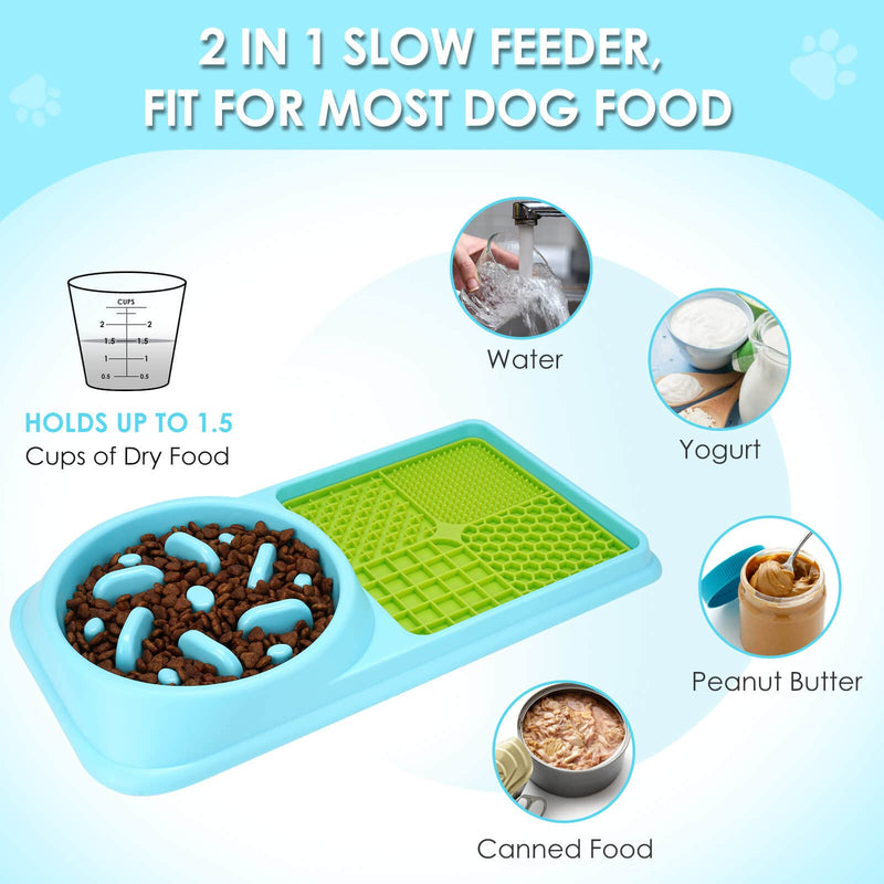 Gobeigo 2 in 1 Slow Feeder Dog Bowls & Lick Mat, Slow Down Eating for Fast Eaters, Prevent Choking/ Bloat Stop/ Anxiety Reduction/ IQ Treat, Peanut Butter Lick Pad for Puppy Small Medium Lagre Dogs Blue/Green - PawsPlanet Australia