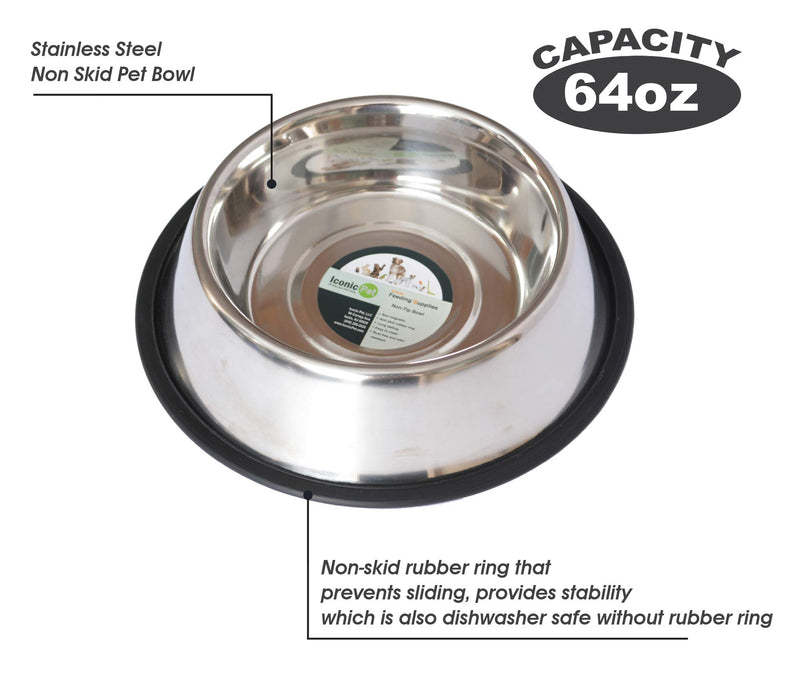 [Australia] - Iconic Pet 12 Cup Stainless Steel Non-Skid Pet Bowl for Dog or Cat (2 Pack) 8 Cup/64 oz. 