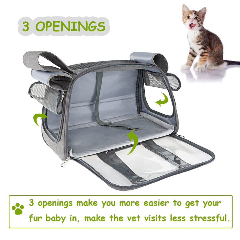 DUJP Small Breed Dog/Medium Cat Carrier Bag Up to 11 lbs - Wide Shading | 3 Way Entry | Transparent | Airline Approved | Mesh Windows Collapsible Pet Bunny Rabbit Soft Sided Carrier Tote - Grey - PawsPlanet Australia