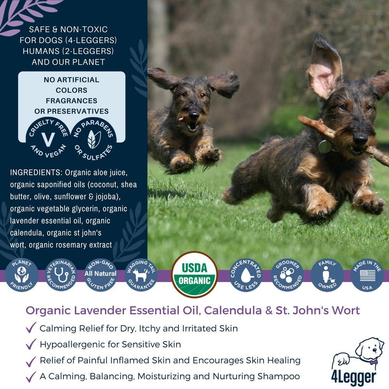 [Australia] - 4Legger Calm All Natural Lavender Dog Shampoo - USDA Certified Organic Dog Shampoo with Shea Butter for Dry Itchy Skin - Calming and Hypoallergenic for Sensitive Skin - Concentrated - USA - 8 oz 