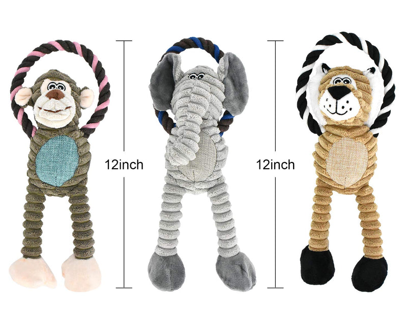 RIO Direct Squeaky Dog Toys, 3 Pack Durable Dog Plush Toys Chew Toys, Interactive Dog Toys Training Toys for Puppy Small Medium Dogs Playing Making Fun - Monkey, Elephant, Lion - PawsPlanet Australia