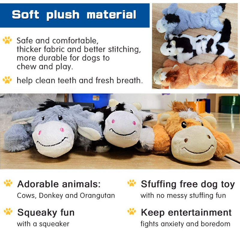 AprFairy No Stuffing Plush Pets Chew Toy, Dog Squeaky Dog Toys, 3 Pack Durable Squeaky Cute Animals for Puppy Small Medium Large Dog (Donkey Orangutan Milk Cow) - PawsPlanet Australia