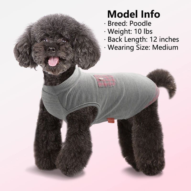 KYEESE Waffle Dog Shirts for Small Dogs Soft Stretchy Dog T-Shirts Lightweight Dog Tank Top Sleeveless Dog Vest Breathable Cat Shirt Puppy Clothes with Small Pocket Decorations and Plaid Patchwork M-Chest(16") Grey - PawsPlanet Australia