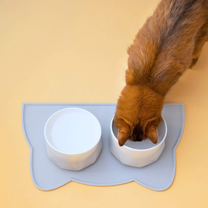 Navaris Raised Stoneware Cat Bowls (Set of 2 with Mat) - Tilted Elevated Food and Water Dish Set with Silicone Feeding Mat for Cats - 250ml Each Bowl - PawsPlanet Australia