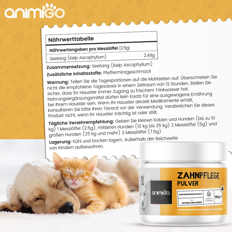 Animigo Dental Care Powder for Dogs & Cats - 180g Teeth Cleaning Powder for Bad Breath - With Peppermint Flavor for Fresh Breath - Tartar Remover for Oral Hygiene - Natural Seaweed Dental Care Powder - PawsPlanet Australia