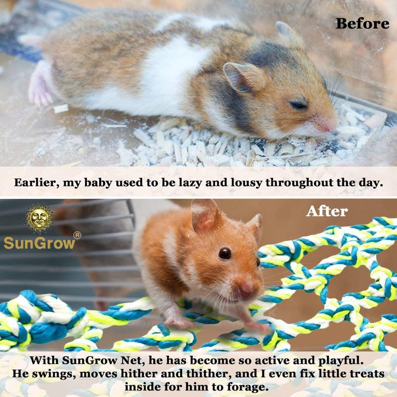 [Australia] - SunGrow Cotton Rope Net for Small Pets, Hanging Hammock for Cage, Activity & Climbing Toy, Mental, Physical Stimulation, Net Pet Bed for Hamsters, Cockatiels, Parakeets, 4 Hooks Included 