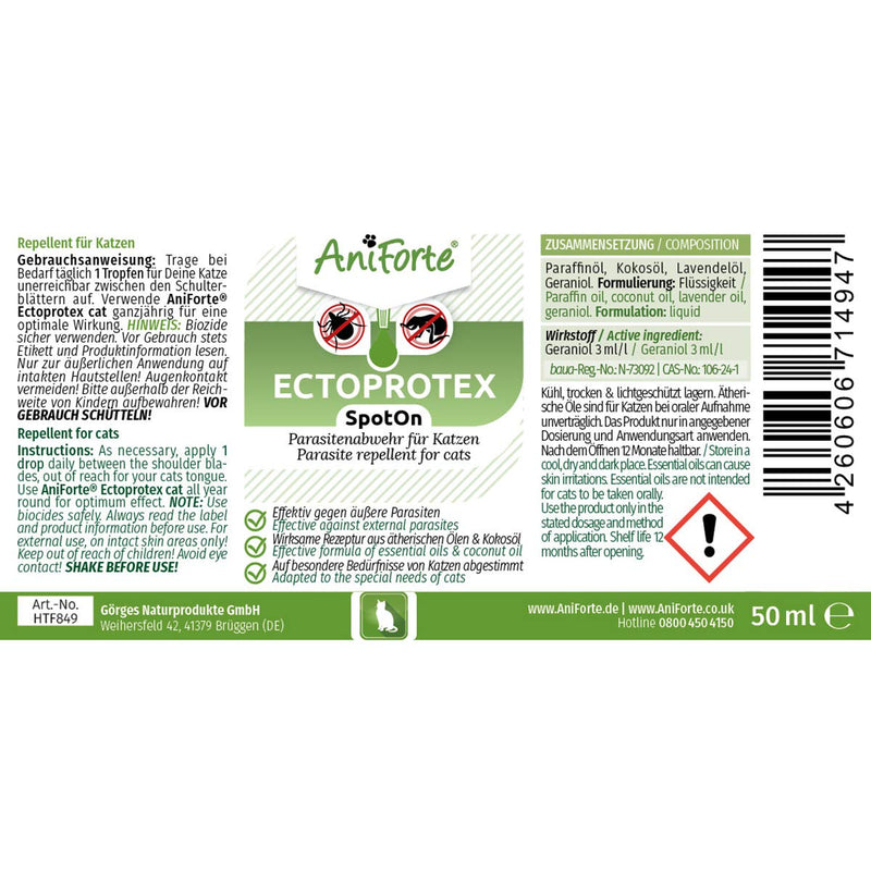 AniForte Ectoprotex cat - Spot On for cats, Tick protection & parasite repellent, Long lasting repellent for ticks, fleas, mites, Effective protection against ticks, Easy application - 50ml - PawsPlanet Australia