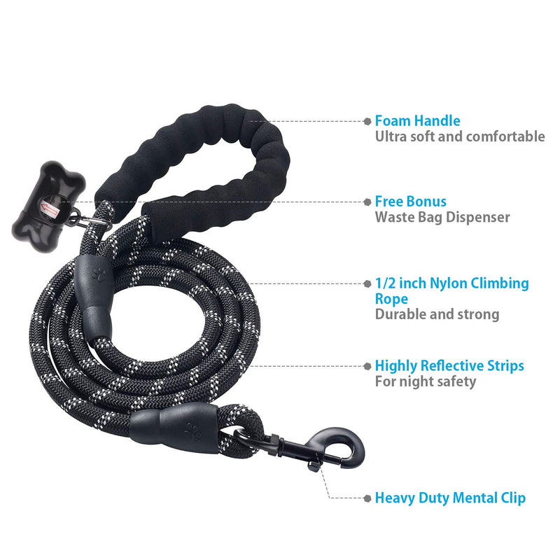 [Australia] - Docatgo 5 FT Strong Dog Leash with Comfortable Padded Handle and Highly Reflective Threads for Medium and Large Dogs (Black) 