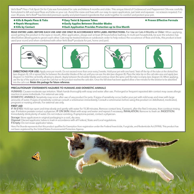 [Australia] - Vet's Best Flea + Tick Spot-On for Cats| Cat Flea and Tick Treatment and Prevention| Made with Certified Natural Oils | 