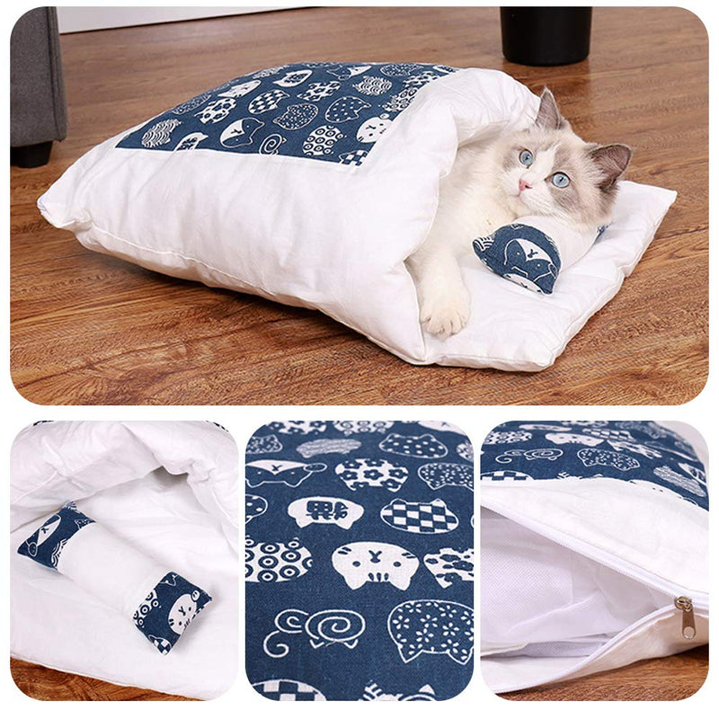 Souarts Cat Bed for Indoor, Pet Dog Cat Bed Removable Pet Mat, Japanese Style Winter Warm Cat Bed Small Blue - PawsPlanet Australia