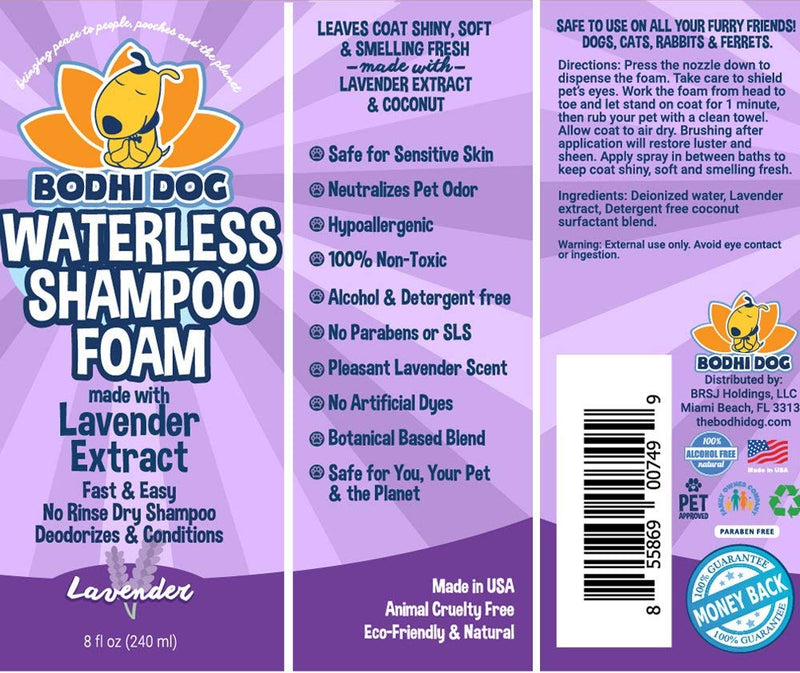 Foaming Dry Pet Shampoo No Rinse Cleaner | All Natural Waterless Foam Mousse for Dogs and Cats | Best for Bathless Cleaning & Pet Odor Eliminator | Made in USA - 1 Bottle 8oz (Lavender) - PawsPlanet Australia