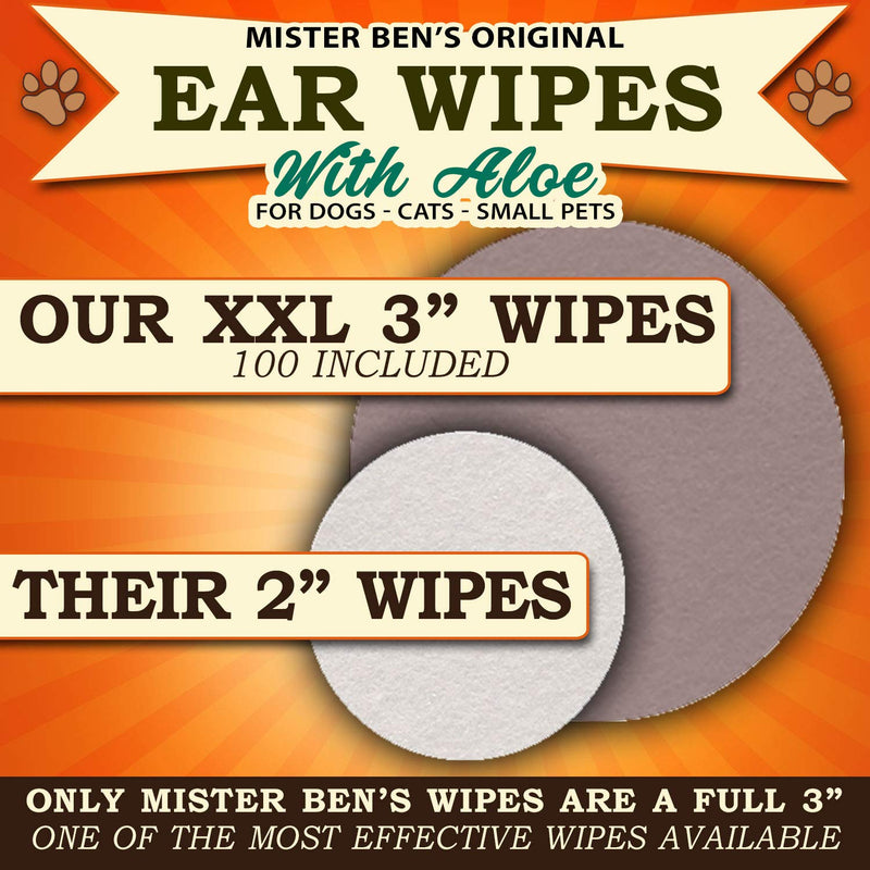 [Australia] - MISTER BEN'S Original XXL Treated Ear Cleaner Wipes w/Aloe for Dogs, Cats Small Pets – Most Effective Wipes Soothe & Clean Odors, itching, and irritations – Approx 100 Extra Large 3" Pads 