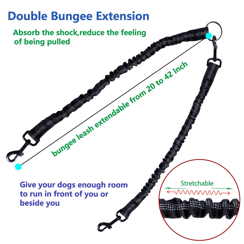 Dual Dog Leash Double Dog Leash, Multifunctional Detachable Leash for 1 or 2 Dogs, No Tangle Shock Absorbing Bungee Walking Lead with Two Handles Bonus Funny Waste Bag Dispenser for Dogs Up to 180lbs Black and Blue - PawsPlanet Australia