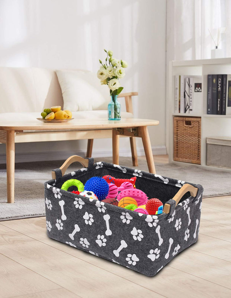 Geyecete Printing felt Dog Toys Basket Storage Bins Box - with Wooden Handle, Pet supplies puppy toy box basket/Bin Kids Toy Chest Storage Trunk-Grey 38*27*17cm Grey(Arch handle ) - PawsPlanet Australia