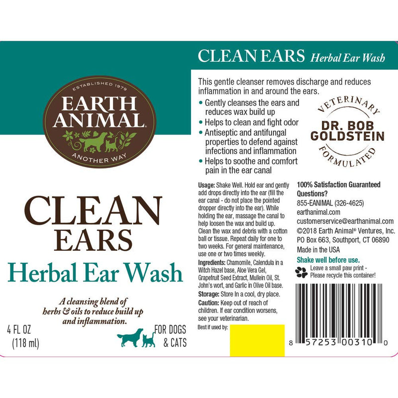 Earth Animal Herbal Topical Remedies Clean Ears Ear Wash for Dogs & Cats, 4 oz. Bottle - PawsPlanet Australia