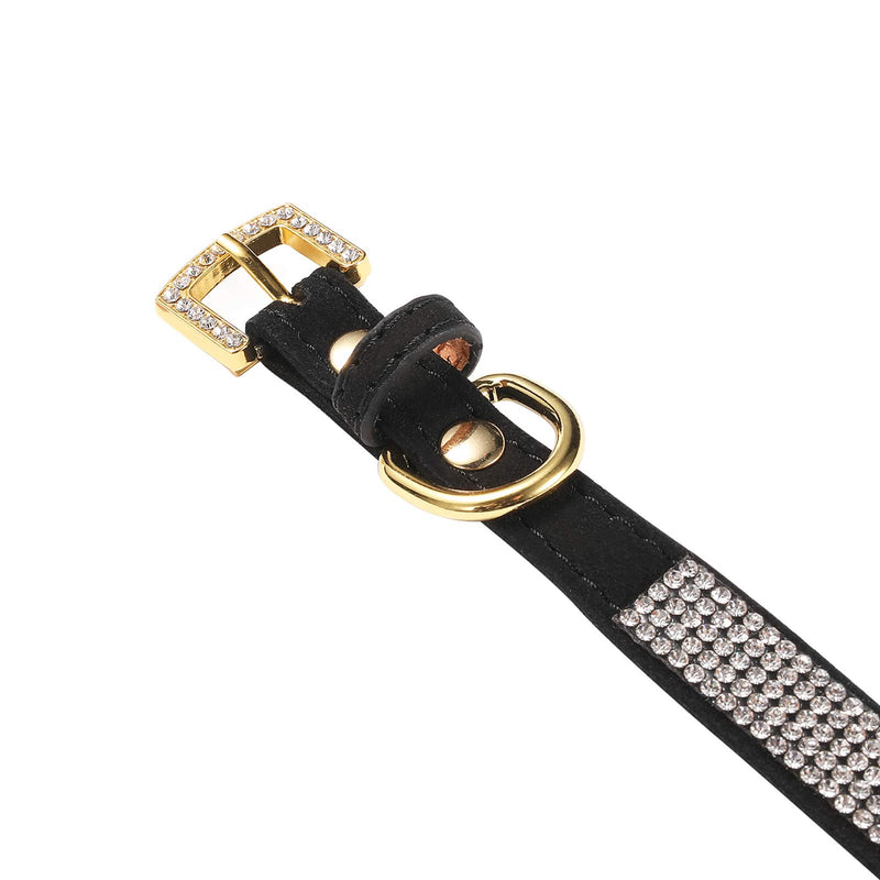 LOVPE Rhinestone Dog Collar,Golden Diamond Buckle and Suede Leather with Crystal Diamond Pet Dog Collar Beautiful and Sparkly Dog Cat Rhinestone Collar for Small Dogs/Cats (XS, Black) XS - PawsPlanet Australia