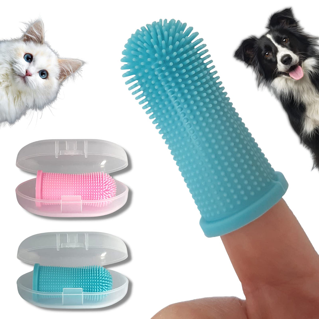 PawsOnly Finger Toothbrush Dog Cat | Set of 2 | Storage box | Silicone | Dental care | Teeth cleaning | Toothbrush for Dogs Cats Small | Dog toothbrush | Dog Toothbrush (Blue + Pink) Blue + Pink - PawsPlanet Australia