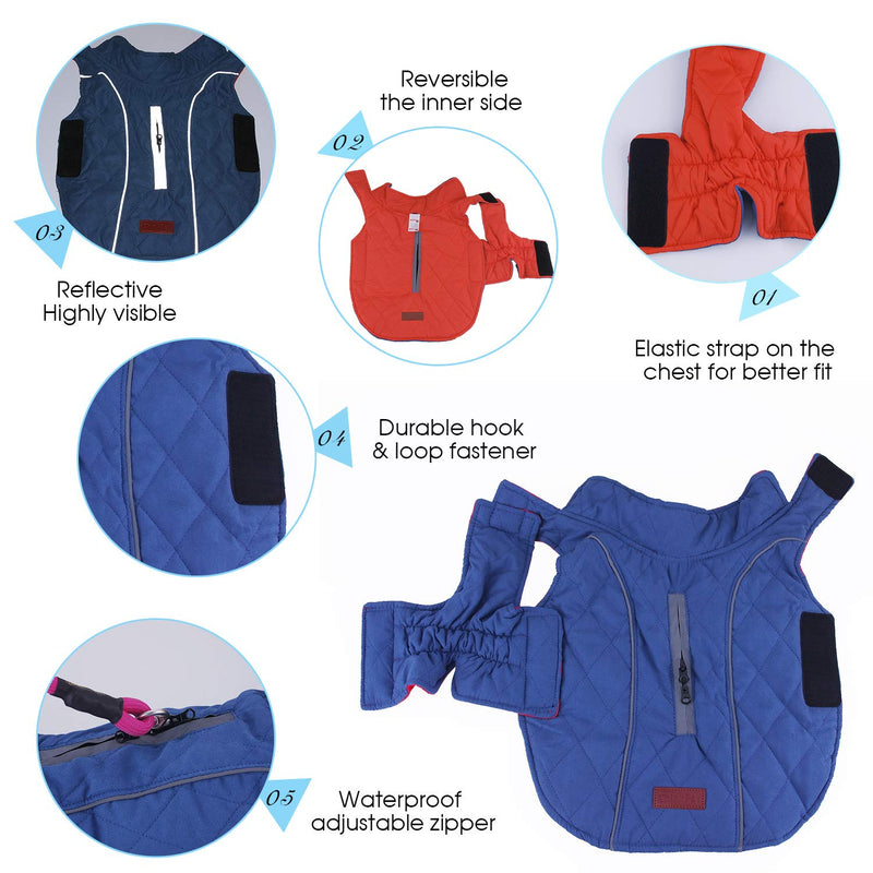 ThinkPet Warm Reversible Dog Coat - Thick Padded Comfortable Winter Dog Jacket, Reflective Safey Dog Vest XS(Back 11.5 in, Chest 15.5-19.5 in) Blue - PawsPlanet Australia