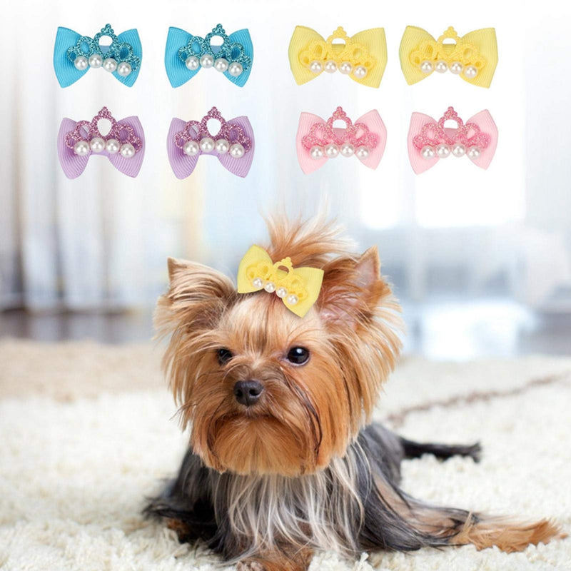 Tnfeeon 20pcs Dog Pet Puppy Crown Hair Bowknot Hair Bows with Rubber Bands Hair Grooming Accessories for Cute Puppy Dog - PawsPlanet Australia